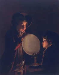 Zwei Jungen bei Kerzenlicht, die eine Blase aufblasen, ca. 1767-73